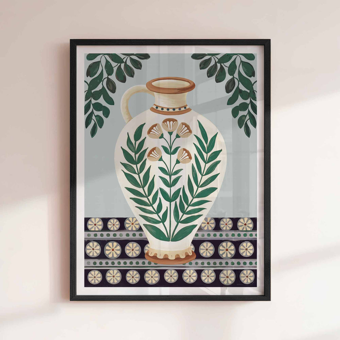 Whimsical blue and white ceramic amphora illustration print poster