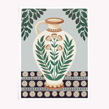Whimsical blue and white ceramic amphora illustration print poster