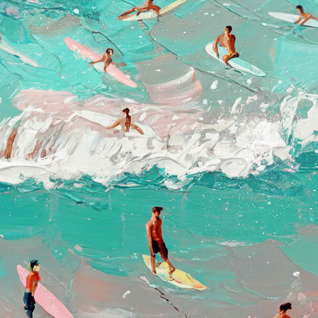 Aerial surfers pastel painting with beach wave scene