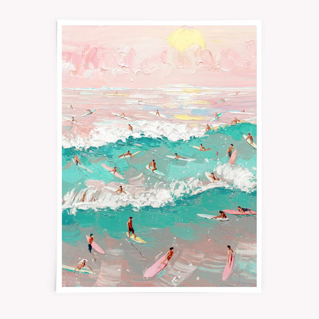 Aerial surfers pastel painting with beach wave scene