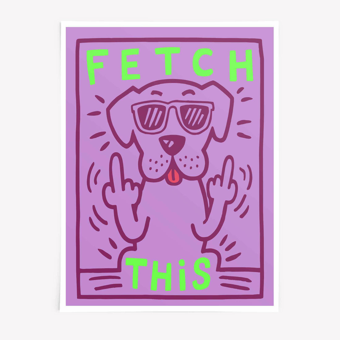 Funny dog poster in purple and green – Fetch This retro wall art - Afterhours Gallery