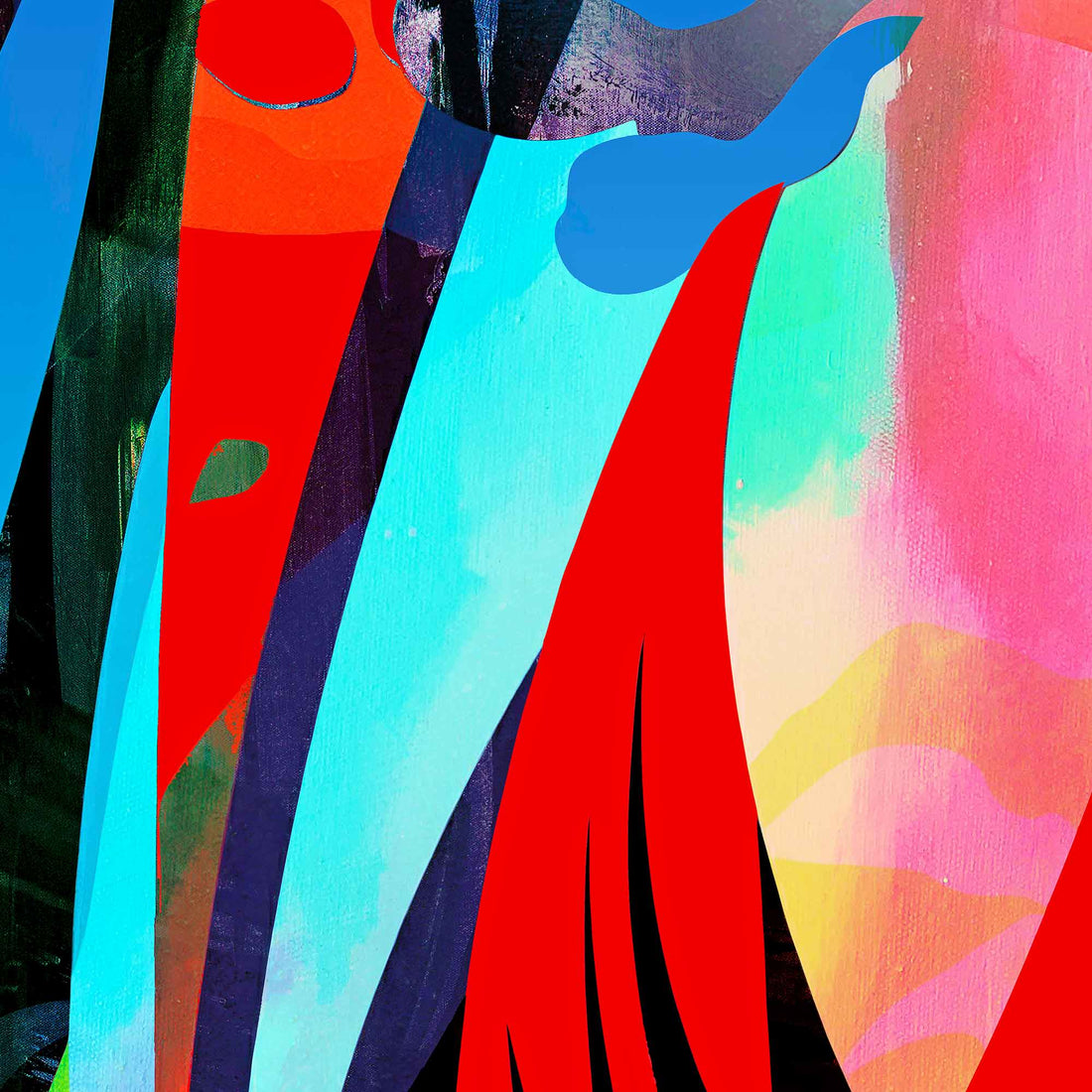 Neon abstract canvas art print with red tropical forms