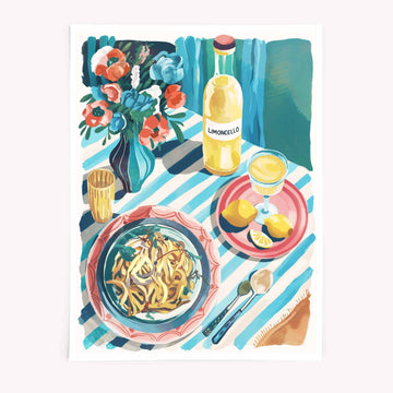 “Colourful illustration of a vibrant Italian summer meal featuring a bowl of pasta, a bottle of limoncello, fresh lemons, and floral arrangement on a striped tablecloth - styled in a whimsical boho aesthetic.”