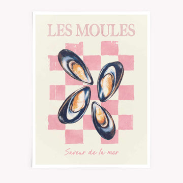 Les Moules French mussels kitchen poster, pastel seafood wall art, coastal chic kitchen print