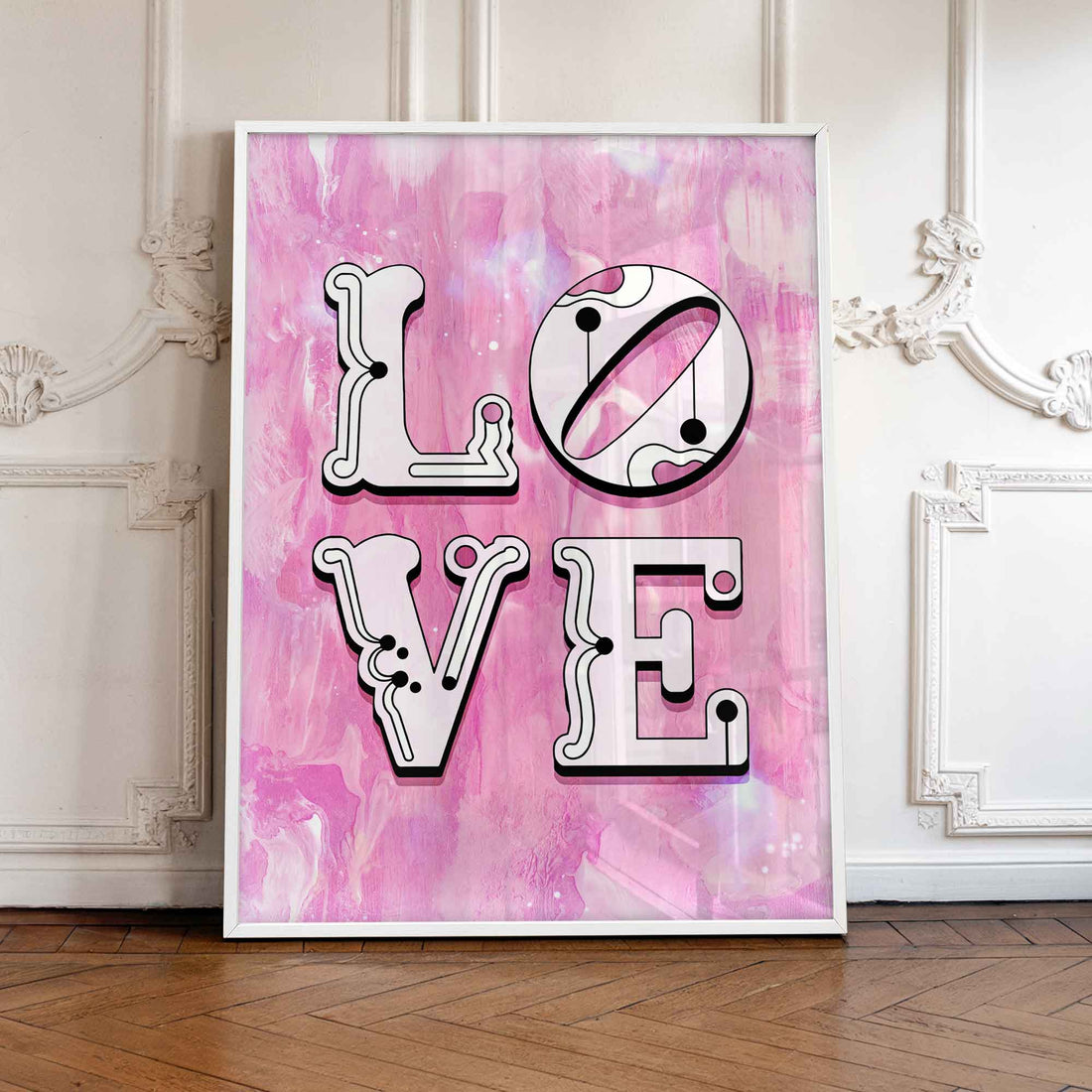 Poster print with bold LOVE text on pink abstract background