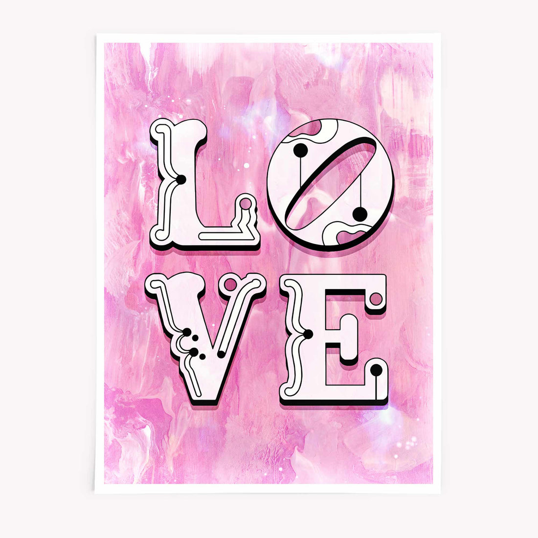Poster print with bold LOVE text on pink abstract background