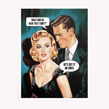 Funny retro vinyl record poster featuring a glamorous vintage couple with speech bubbles – perfect wall art for music lovers and vinyl collectors.