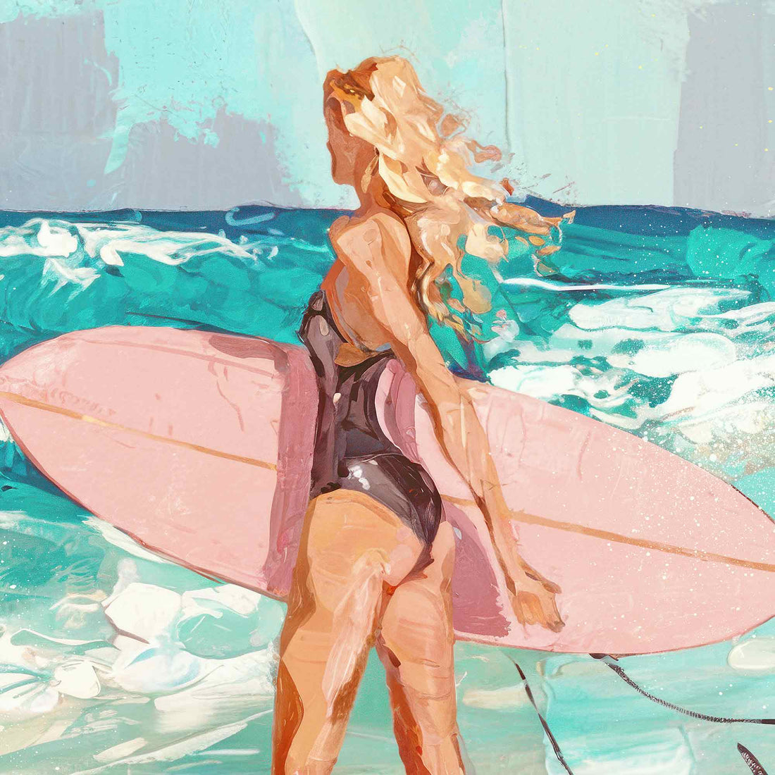Surfer girl art print in pink and turquoise tones