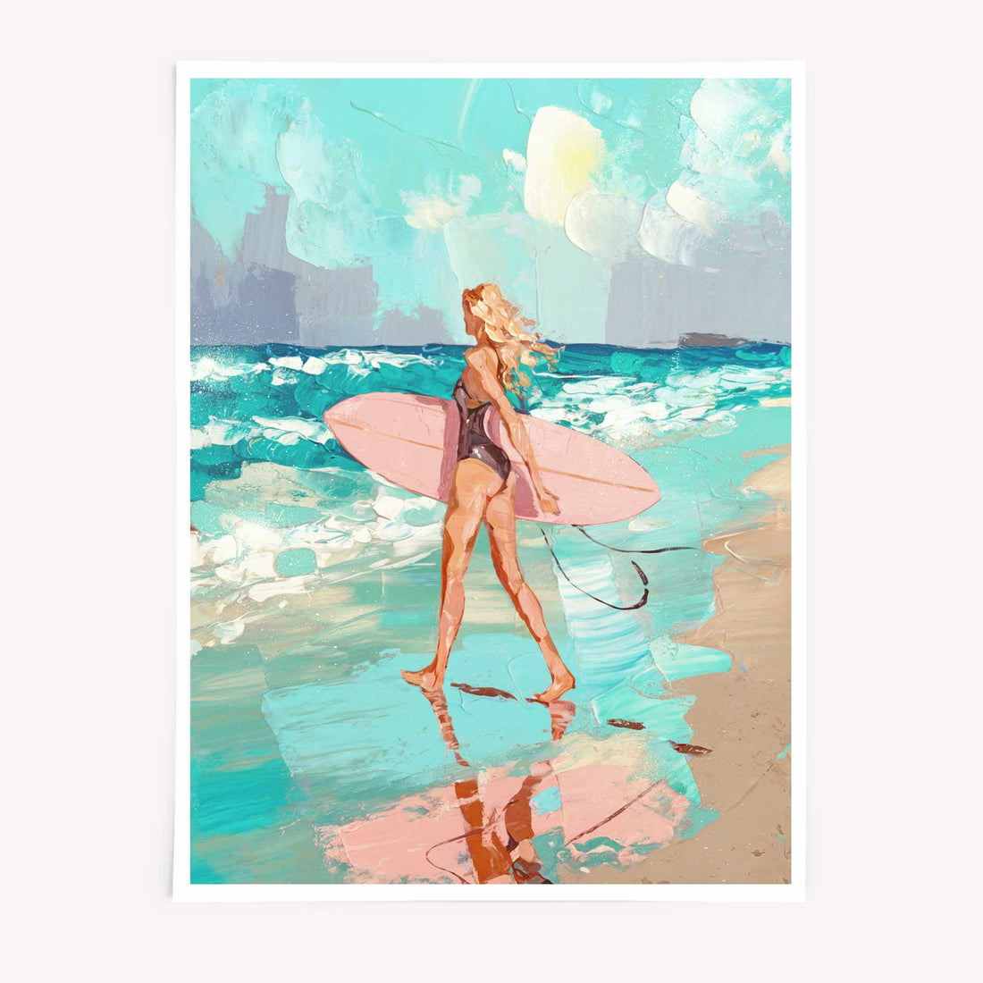 Surfer girl art print in pink and turquoise tones