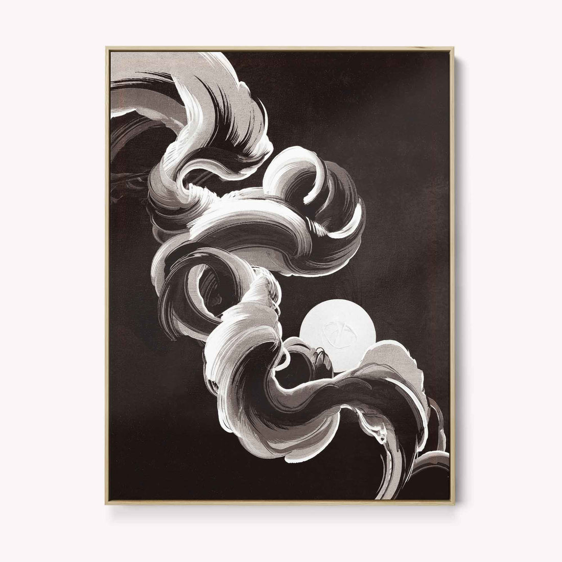 Framed in oak, featuring fluid curved brush details