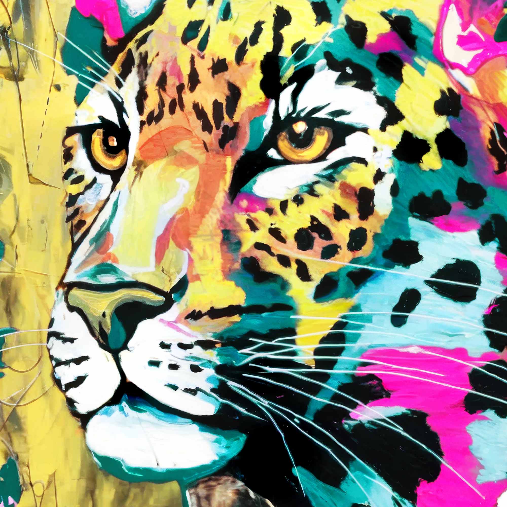 Leopard painting in vibrant pink, teal, and gold hues – perfect for maximalist decor.