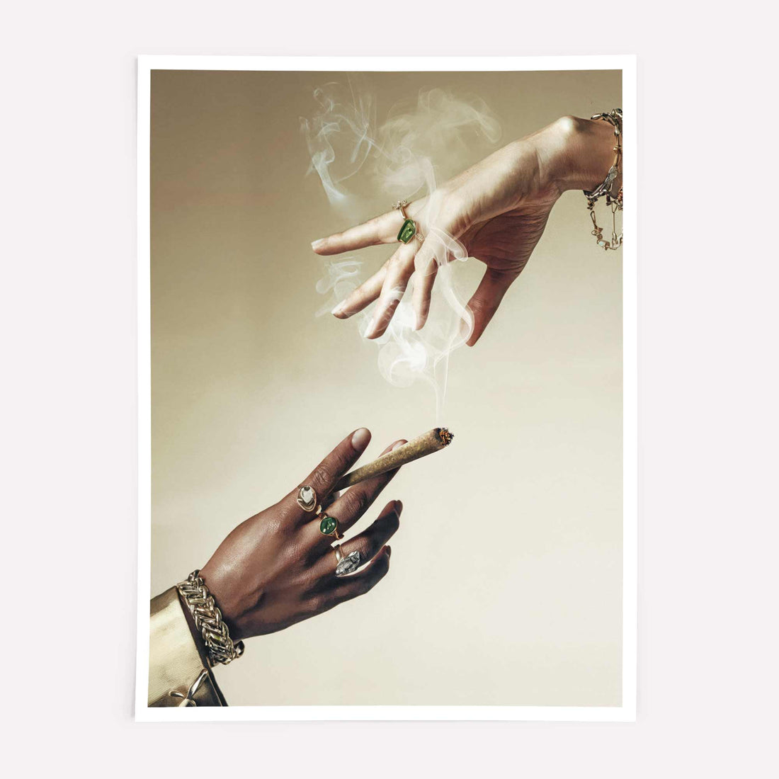 luxury cannabis art with gold jewelry and smoke