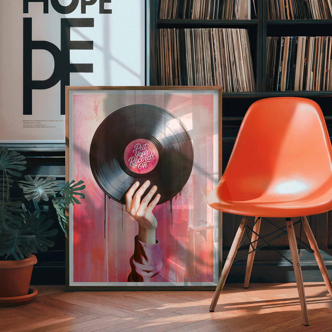 Retro vinyl record graffiti print with pink red background and dripping paint texture