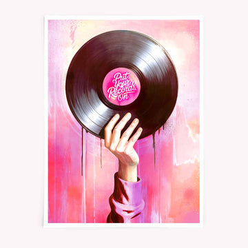 Retro vinyl record graffiti print with pink red background and dripping paint texture