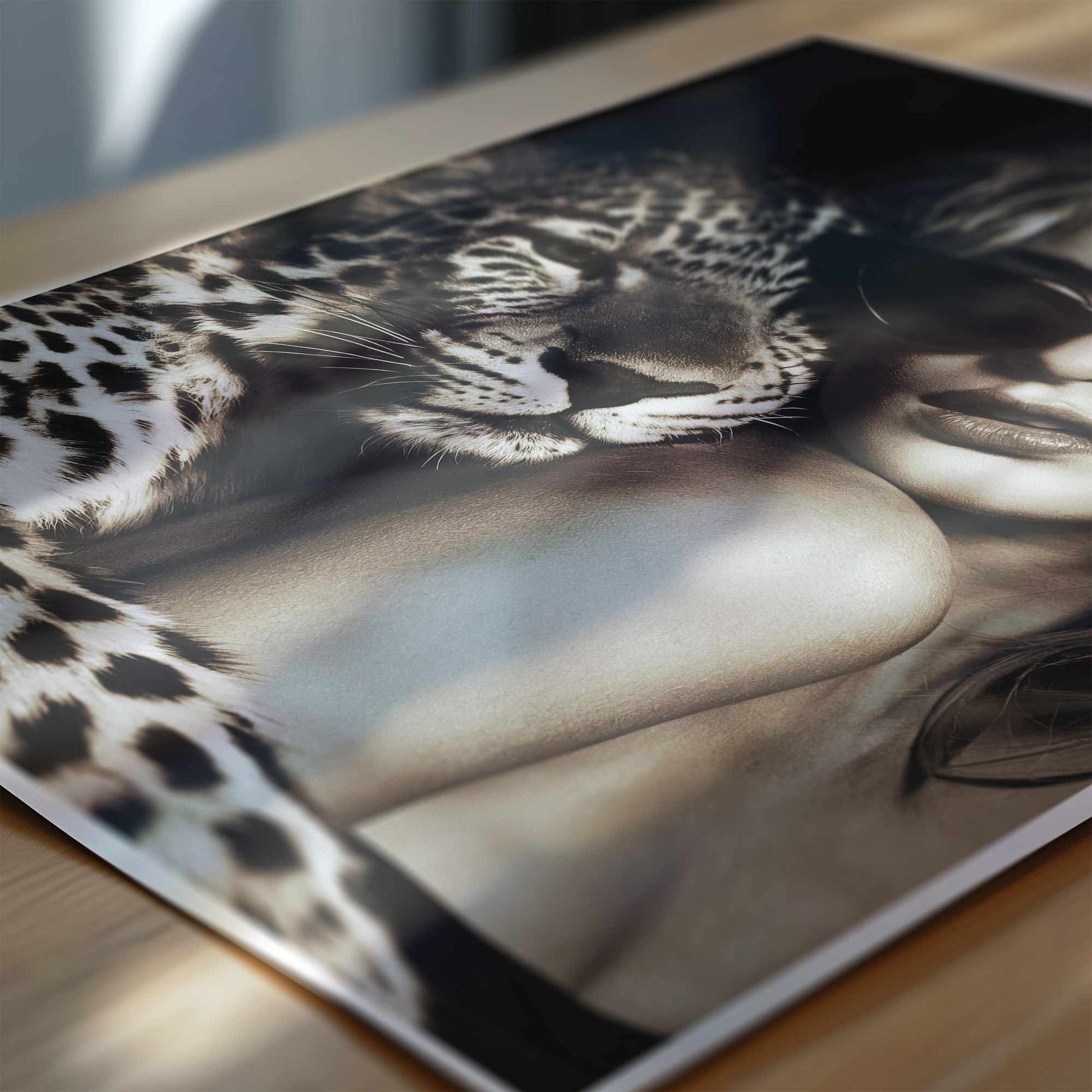 Chic black and white bedroom wall art featuring a leopard