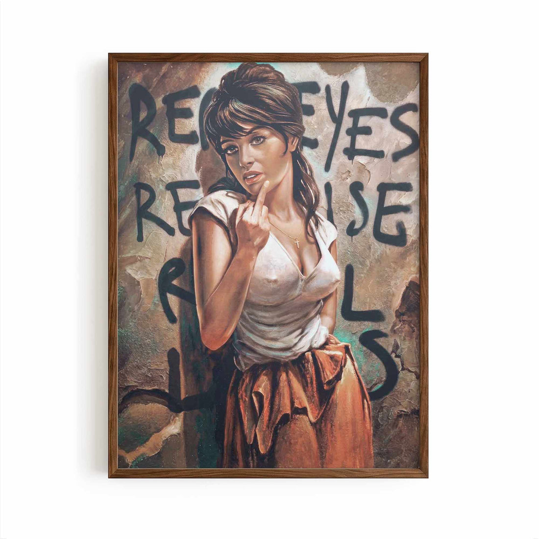 Real Eyes, Real Lies walnut framed altered vintage artwork with earthy neutral tones and bold graffiti lettering | After Hours Gallery