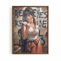 Real Eyes, Real Lies walnut framed altered vintage artwork with earthy neutral tones and bold graffiti lettering | After Hours Gallery
