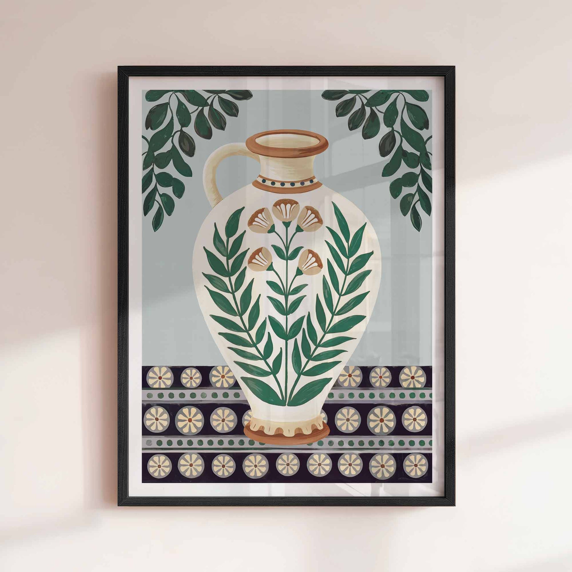 Rustic boho kitchen framed wall art featuring decorative Mediterranean amphora by Afterhours Gallery