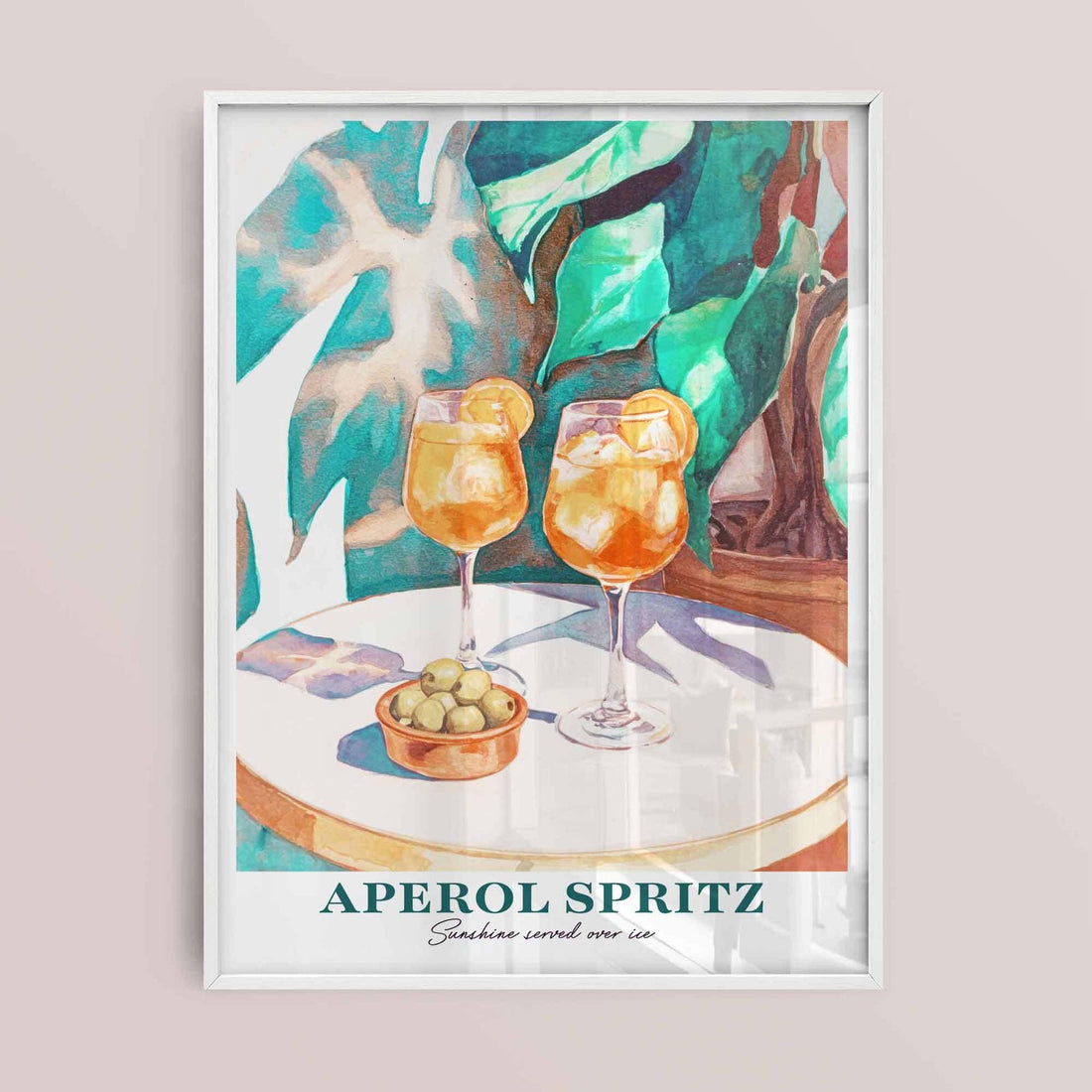 Aperol Spritz art print styled on a wall with bar cart setup ? Italian cocktail decor