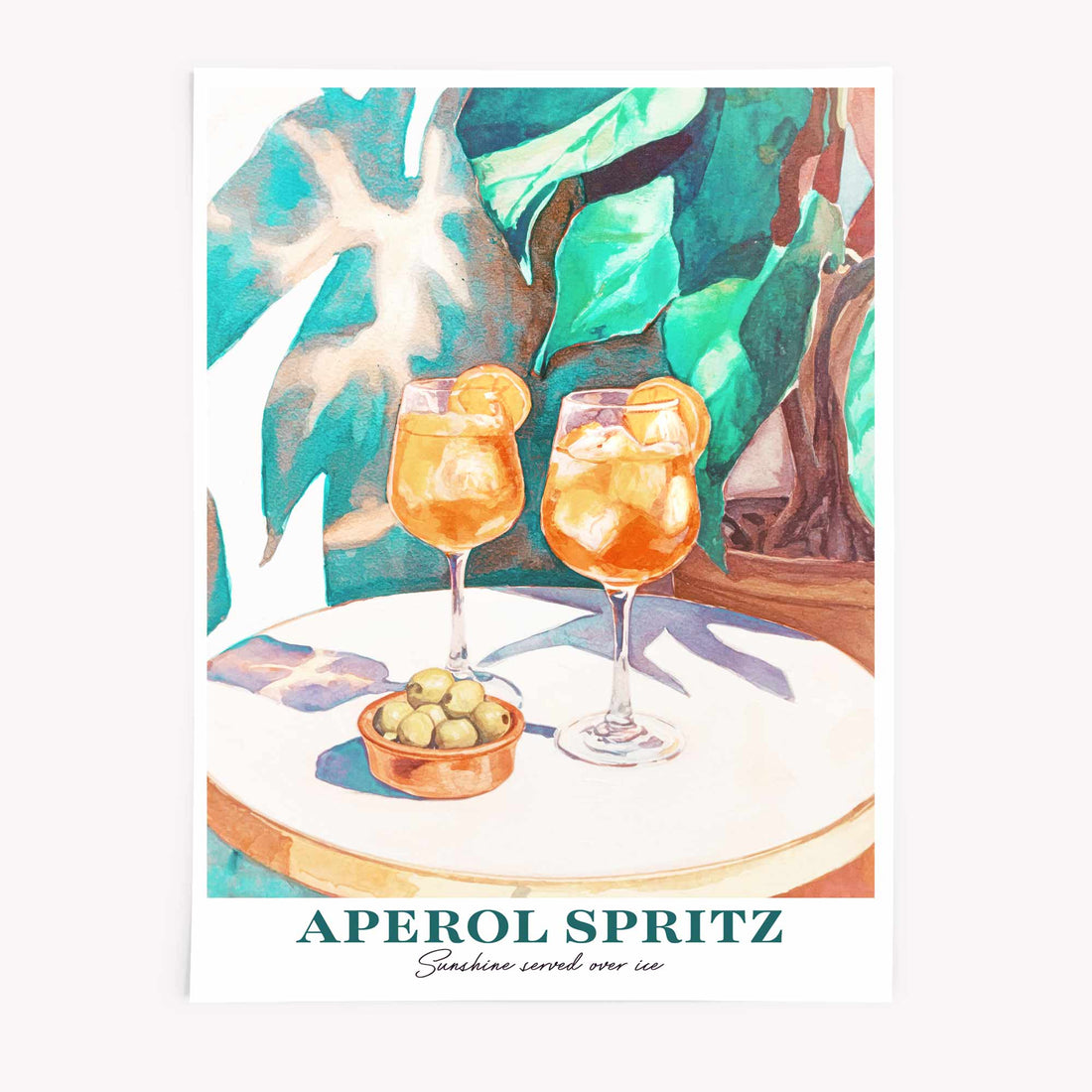 Retro cocktail wall art showing two Aperol Spritz glasses and olives in Mediterranean setting