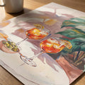 close up detail of poster print showing aperol cocktail olives and colourful mediterranean inspired textures by After Hours Gallery