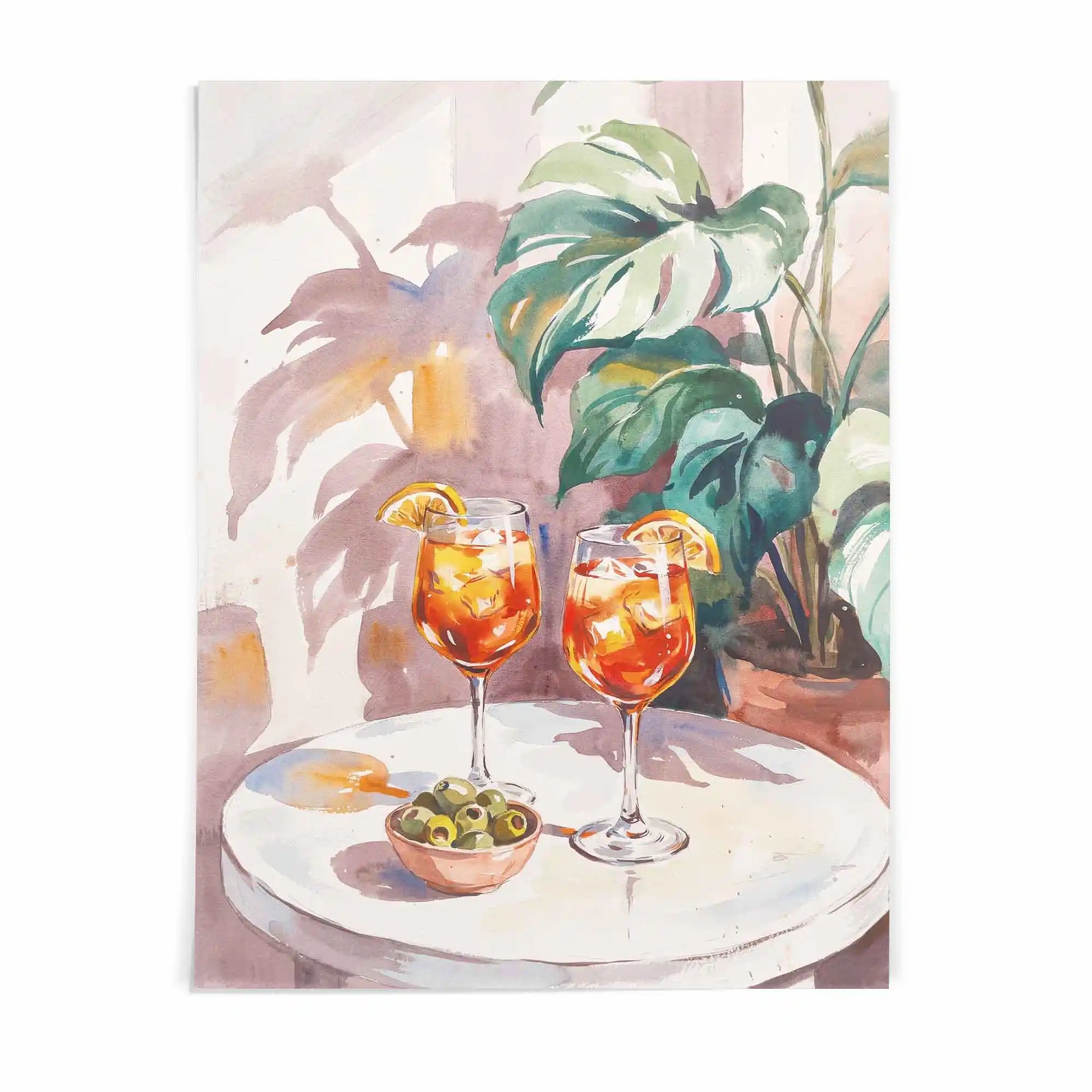 poster print of aperol and olives artwork with warm orange and green palette and relaxed mediterranean summer aesthetic by After Hours Gallery