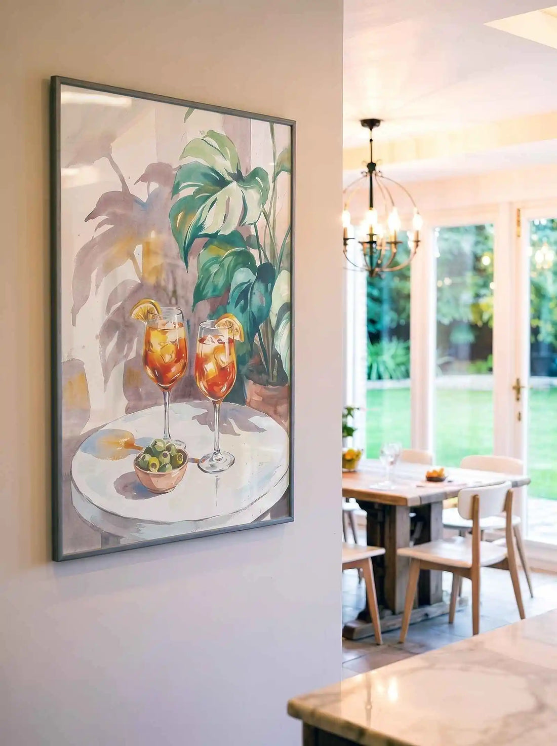 brown framed poster print featuring aperol and olives artwork with warm mediterranean colours and relaxed cocktail bar aesthetic by After Hours Gallery