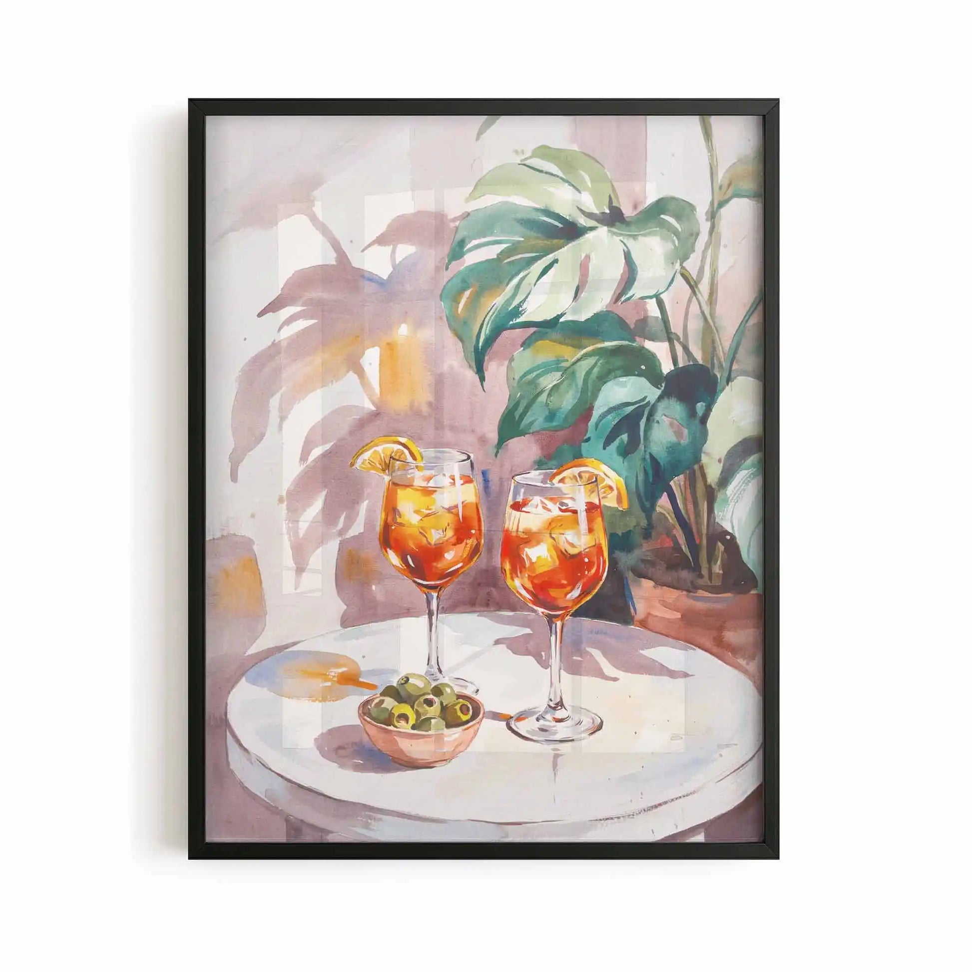 black framed poster print featuring aperol and olives artwork with vibrant citrus colours and italian aperitivo vibe by After Hours Gallery