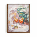 brown framed poster print featuring aperol and olives artwork with warm mediterranean colours and relaxed cocktail bar aesthetic by After Hours Gallery