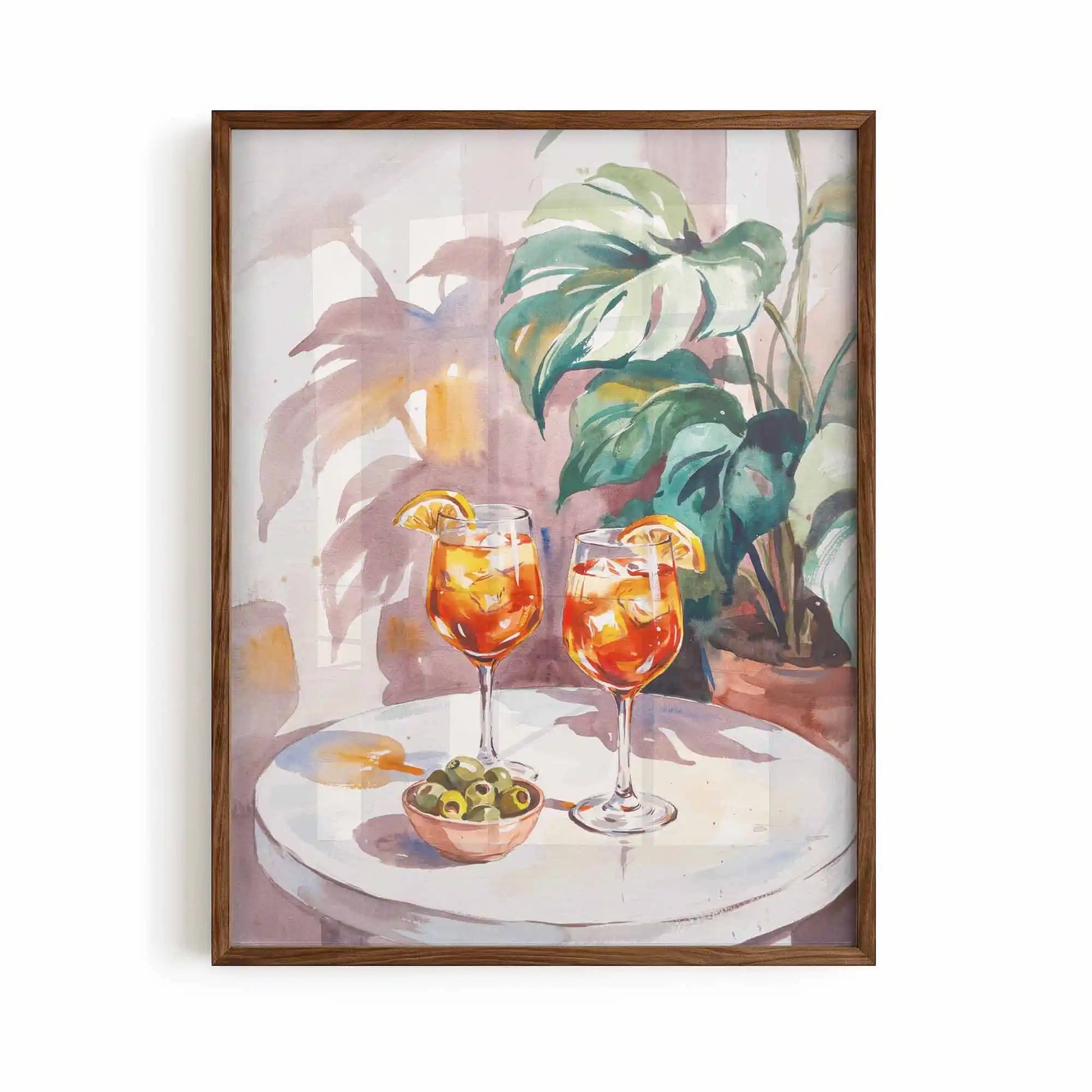 brown framed poster print featuring aperol and olives artwork with warm mediterranean colours and relaxed cocktail bar aesthetic by After Hours Gallery