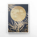 Framed bamboo leaves artwork with a gold moon and leaf patterns on a dark blue background