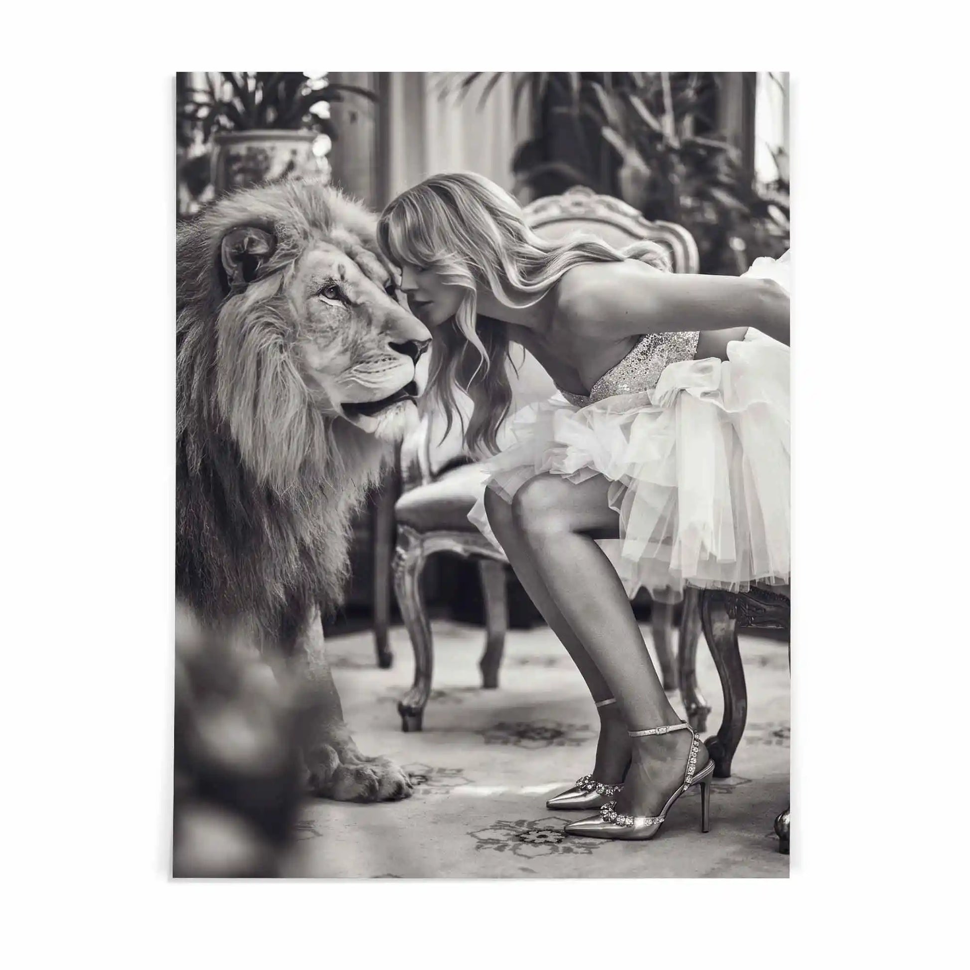 poster print of the lion's muse artwork with black and white palette and luxury fashion aesthetic by Afterhours Gallery