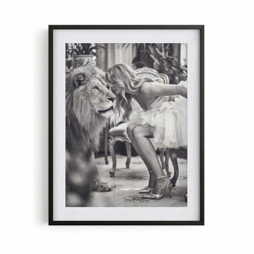 black framed poster print featuring the lion's muse artwork with monochrome tones and editorial fashion styling by Afterhours Gallery