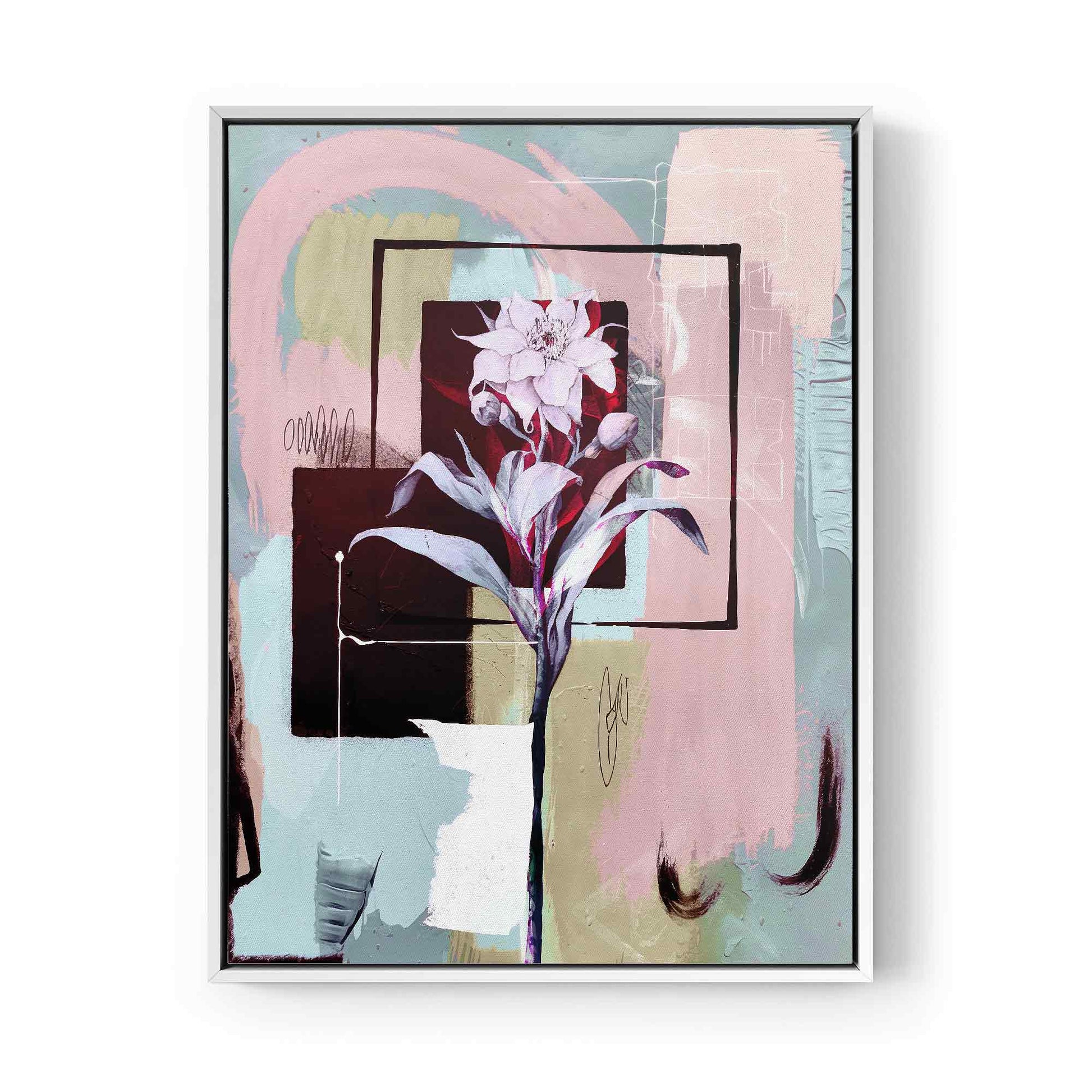 Abstract Floral Canvas Print, Modern Maximalist Wall Art, Geometric Flower Painting, Contemporary Mixed Media Artwork