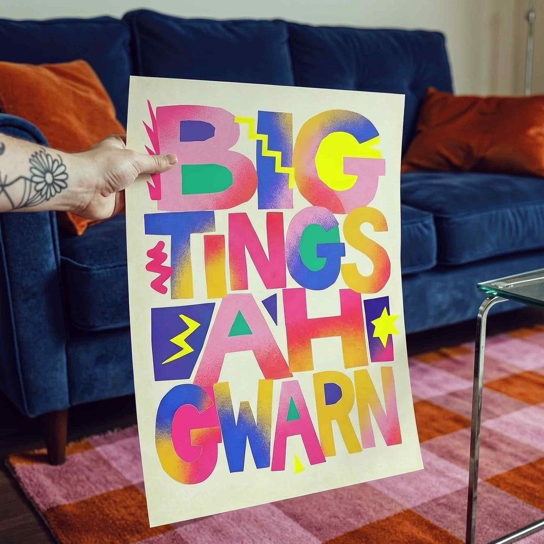 Bold colourful typography wall art featuring “Big Tings Ah Gwarn”. A vibrant maximalist statement print for modern homes and playful spaces.