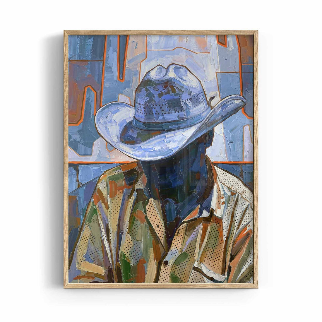 blue cowboy abstract western wall art framed oak print modern cowboy poster