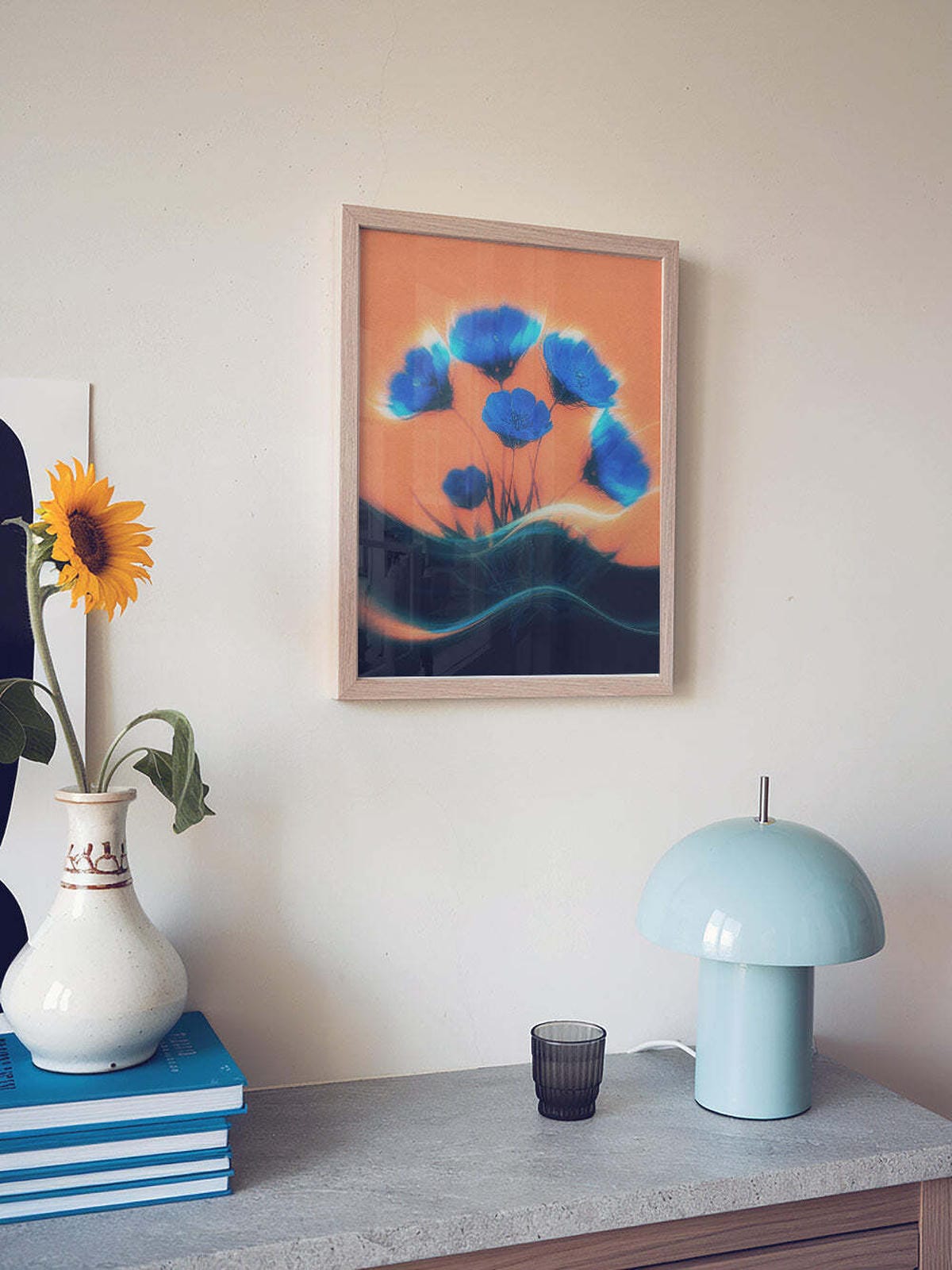 Blue and orange flower print in trendy kitchen - Afterhours Gallery