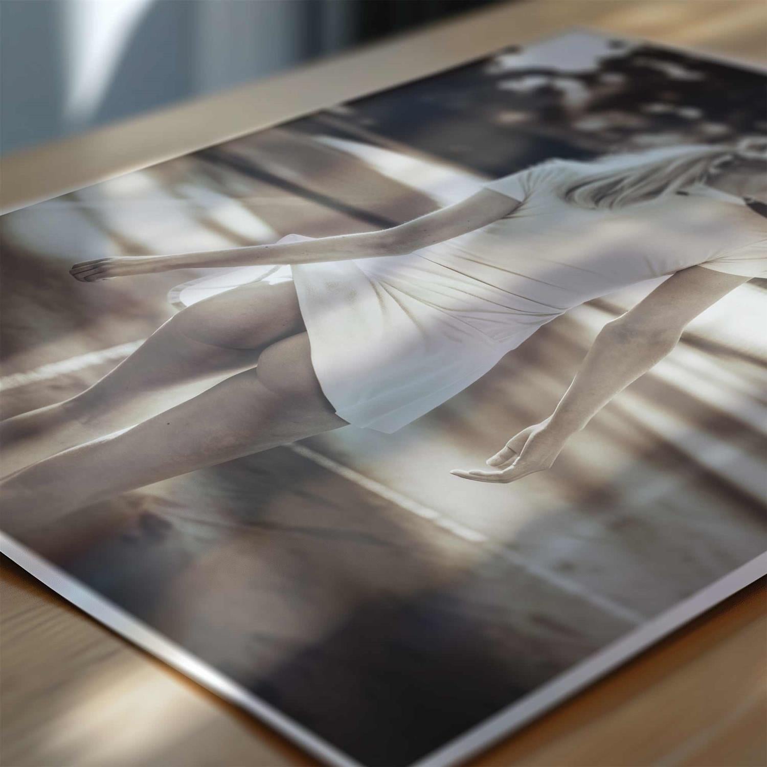 Magazine or book cover with a woman in a white dress lying on a wooden floor, Tennis girl poster, Vintage sports art print, Luxury tennis wall décor, Fashion photography artwork, Chic black and white art, Minimalist sports print only