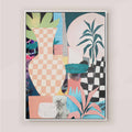 textured art, contemporary wall art, chequered vase, pink and teal art, maximalist style canvas print