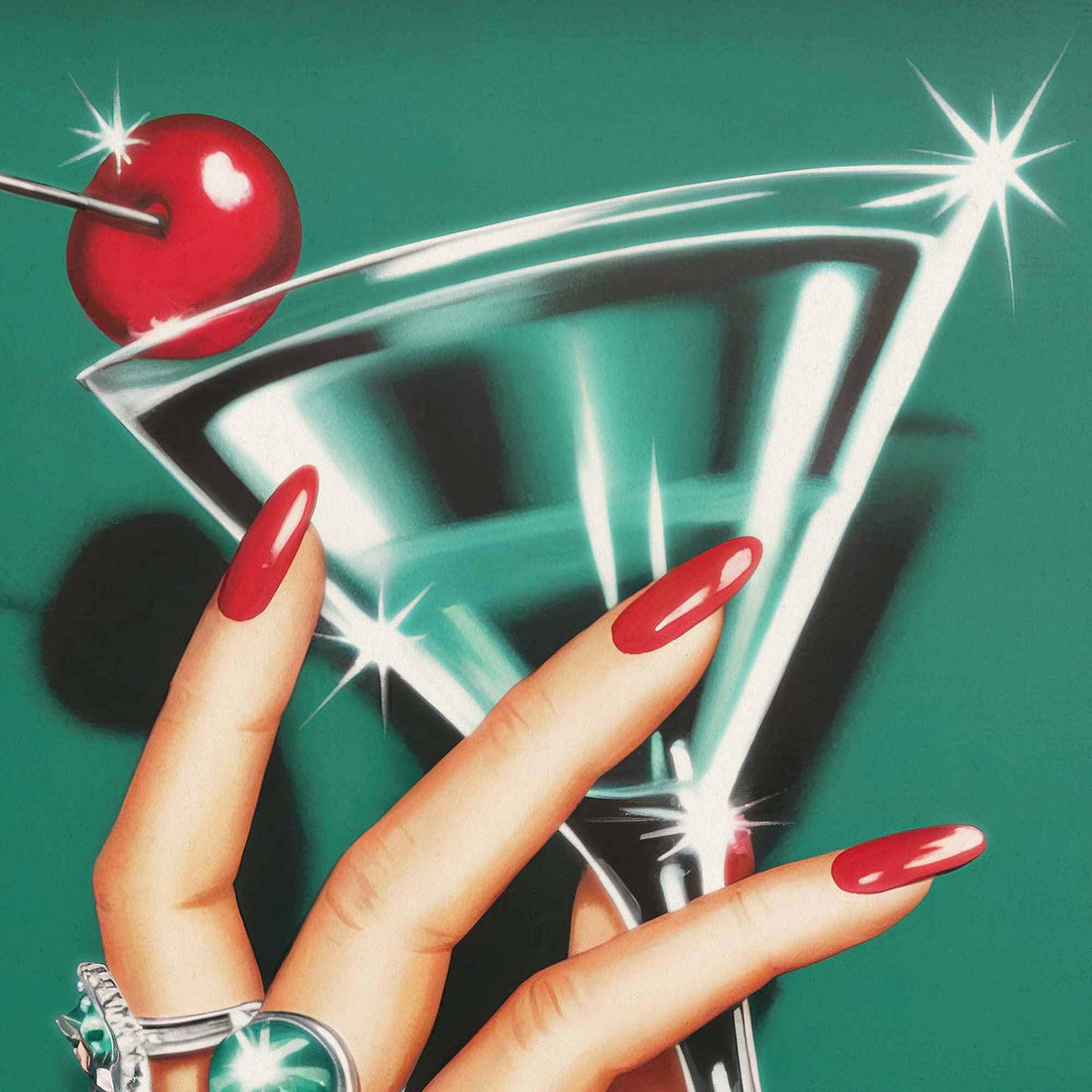 Cherry Luxe Martini Cocktail Art Print | Retro Glamour Wall Art | Afterhours Gallery detail