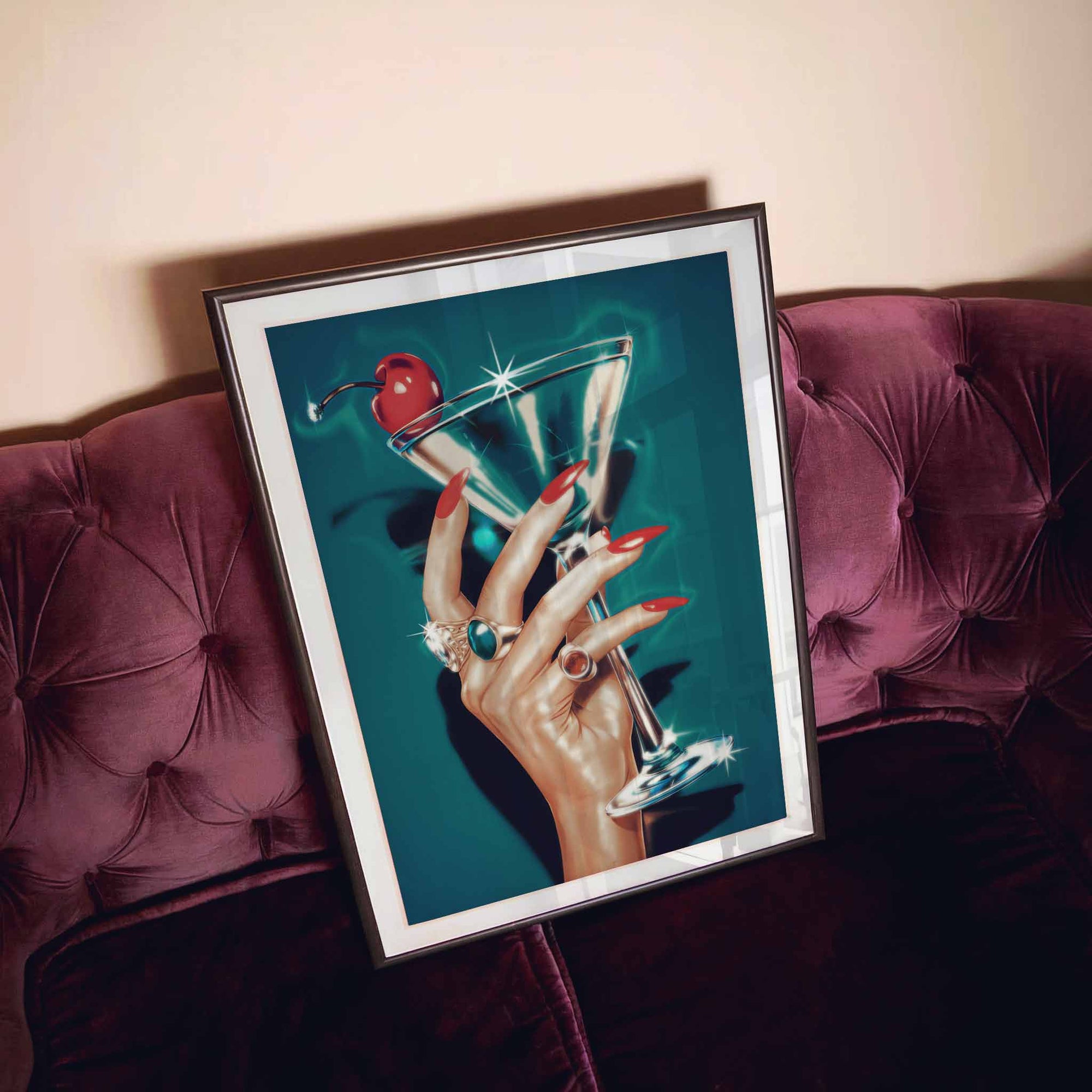 Cherry Luxe Martini Cocktail Art Print | Retro Glamour Wall Art | Afterhours Gallery framed on sofa