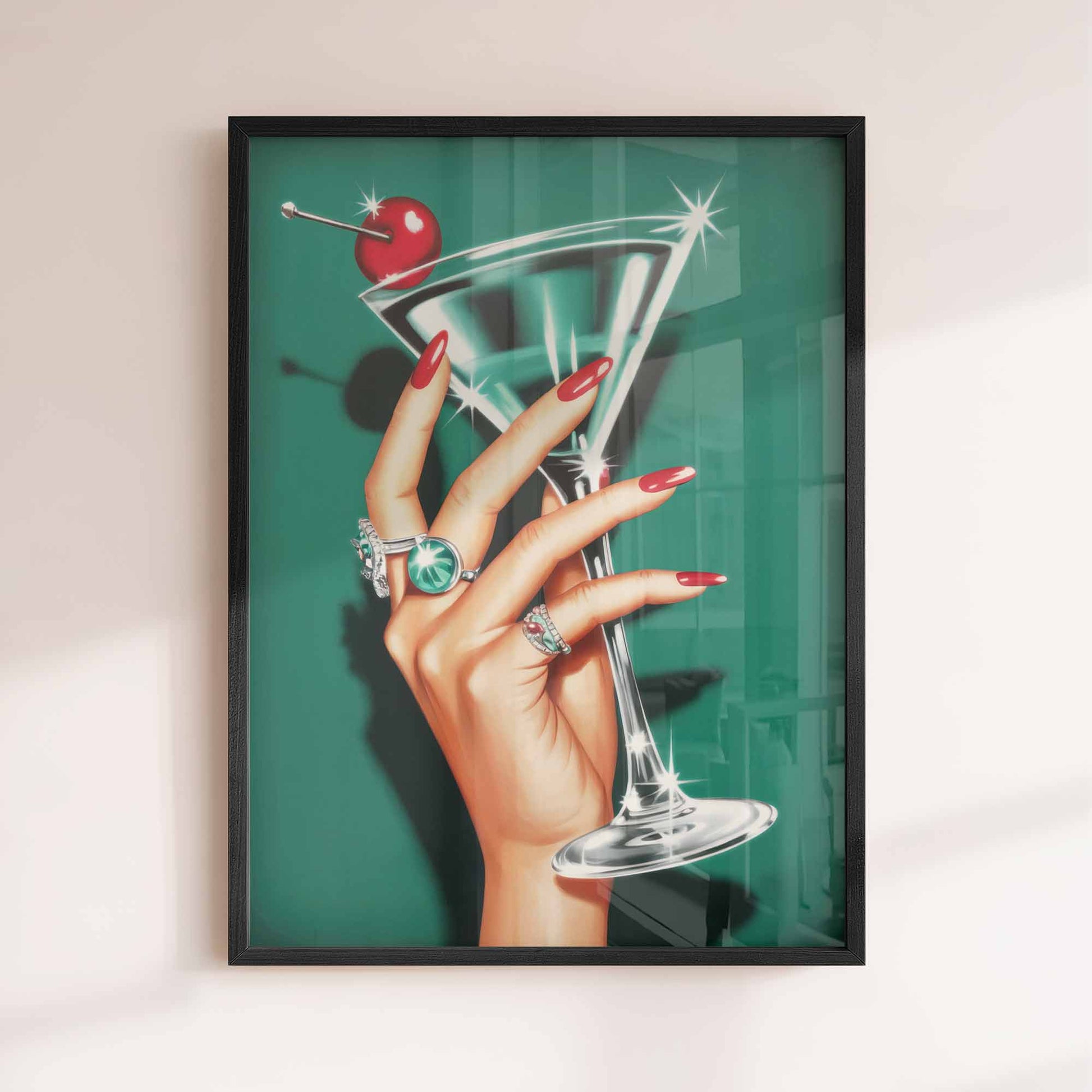 Cherry Luxe Martini Cocktail framed Art Print black | Retro Glamour Wall Art | Afterhours Gallery