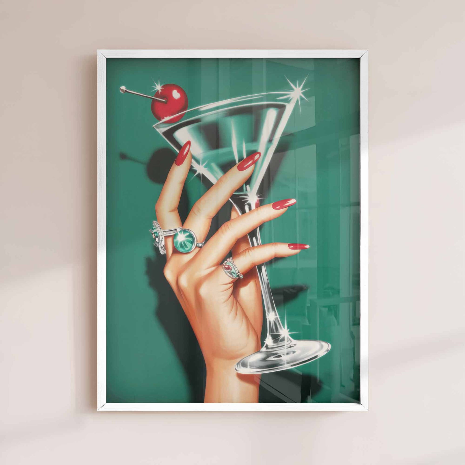 Cherry Luxe Martini Cocktail framed Art Print white | Retro Glamour Wall Art | Afterhours Gallery