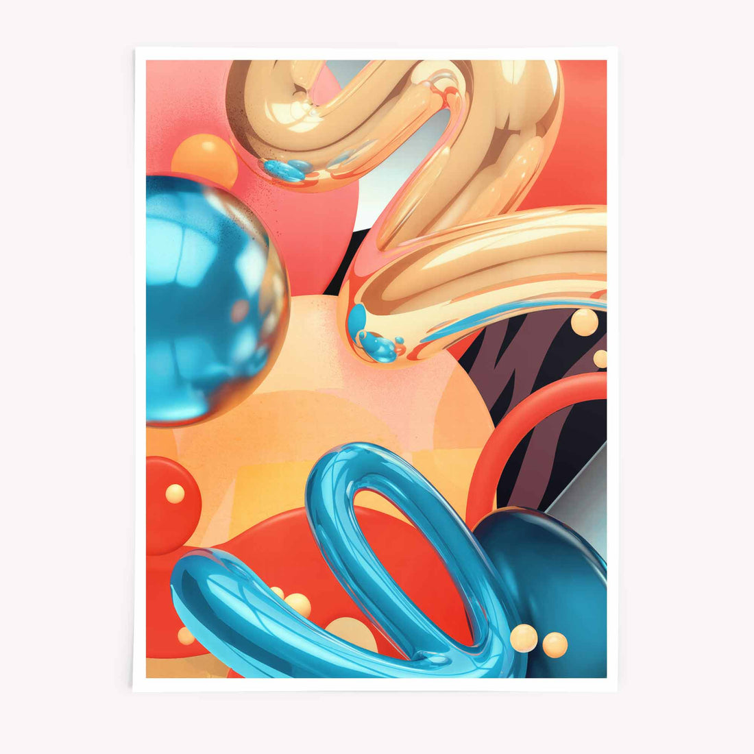 Surreal Abstract Art Print, Modern Wall Art with Metallic Shapes, 3D Fluid Design, Contemporary Home Decor