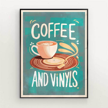 Framed poster with a coffee cup and vinyl record design on a teal background.