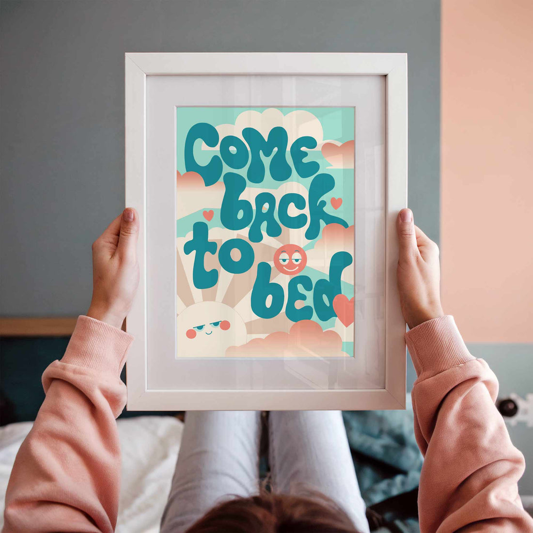 Come Back To Bed retro typography poster – cute romantic pastel wall art by Afterhours Gallery