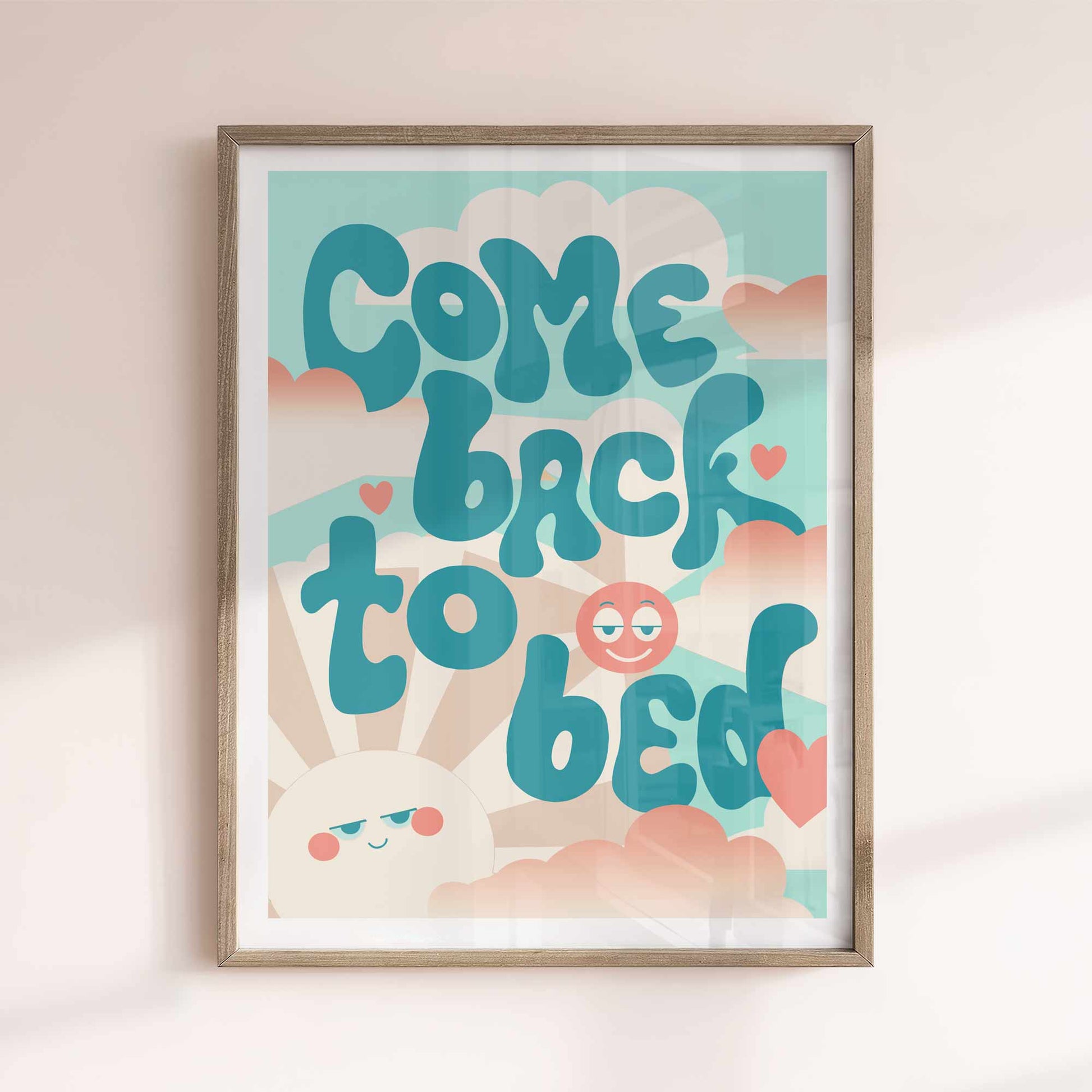 Come Back To Bed retro typography oak framed print – cute romantic pastel wall art by Afterhours Gallery