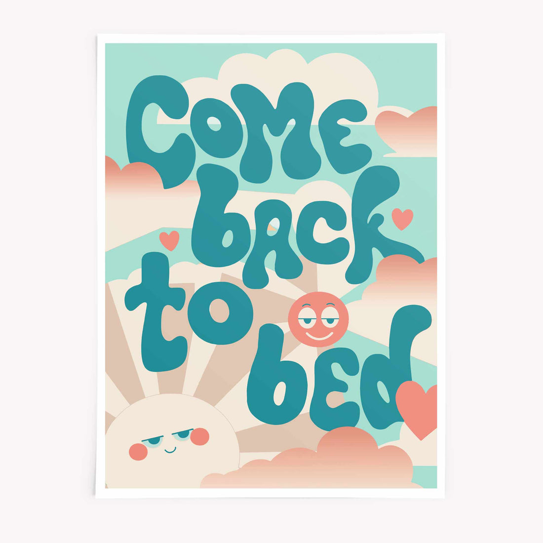 Come Back To Bed retro typography poster – cute romantic pastel wall art by Afterhours Gallery