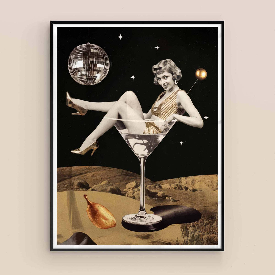 Cosmic chic collage framed print ? retro girl, celestial background, and psychedelic design.