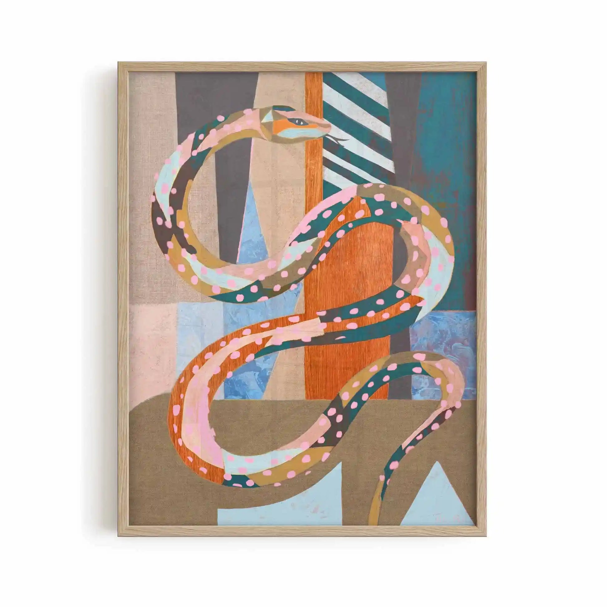 Boho Desert Ritual print abstract snake artwork rustic palette oak framed print - Afterhours Gallery